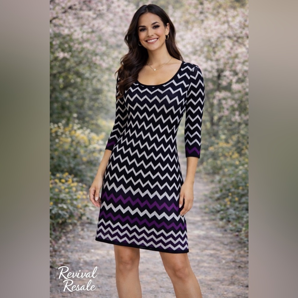 White House Black Market  Chevron Dress Purple Black 3/4 Sleeve Casual Chic Sz L